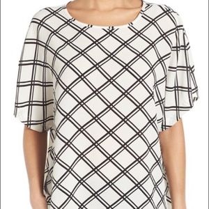 Bobeau Cream and Black Geometric Plaid Shirt Sleeve Blouse